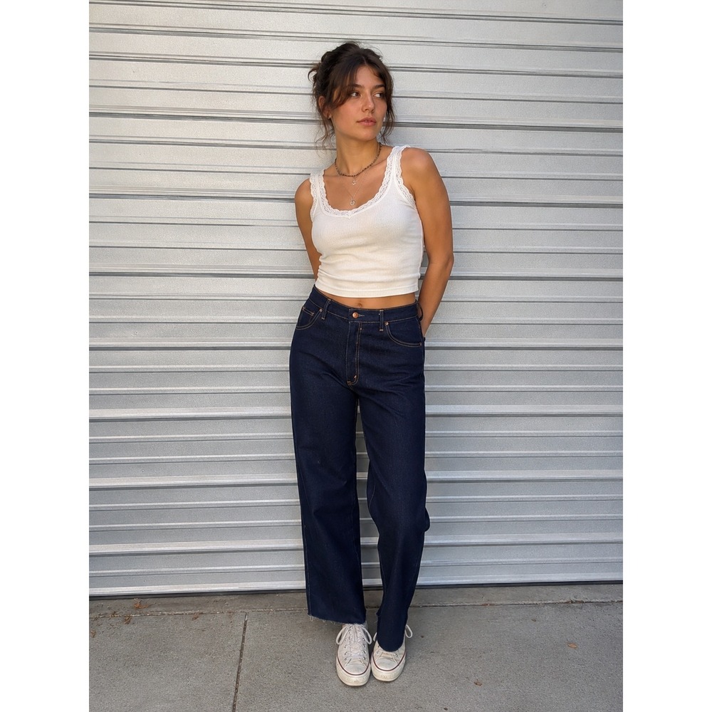 Vintage Dee Cee High Waisted Raw Hem Indigo Denim‎ Jeans Made in USA Size 17/18